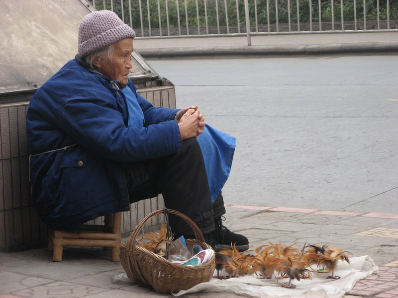 街边卖鸡毛毽的老妇人 摄影 海拔七千