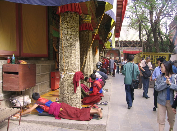 塔尔寺里磕长头的喇嘛和信众 摄影 清水鱼