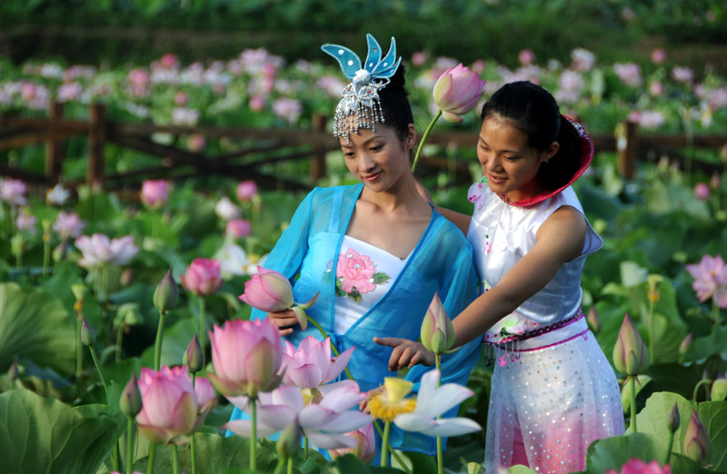 莲乡靓女观花 摄影 时颖